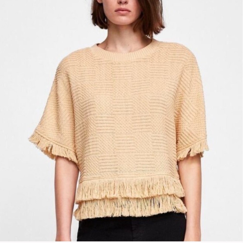 Zara Tweed Layered Fringe Trim Sand Sweater Top